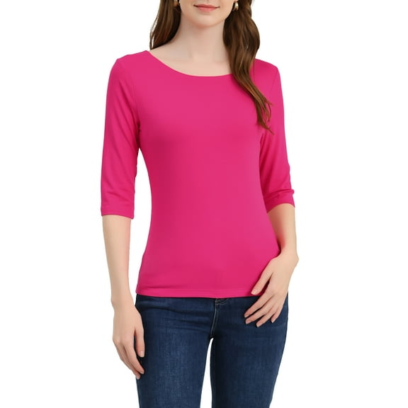 INSPIRE CHIC Women's Tops Elbow Sleeves Boat Neck Slim Fit Classic Casual Tee Shirt XS Rose Red