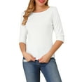 thumbnail image 1 of INSPIRE CHIC Women's Tops Elbow Sleeves Boat Neck Solid Slim Fit Casual Tee Shirts White XS, 1 of 8