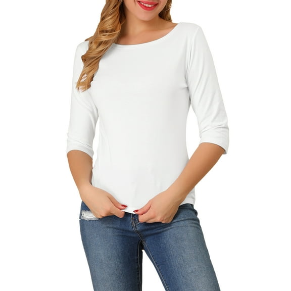 INSPIRE CHIC Women's Tops Elbow Sleeves Boat Neck Solid Slim Fit Casual Tee Shirts White XS