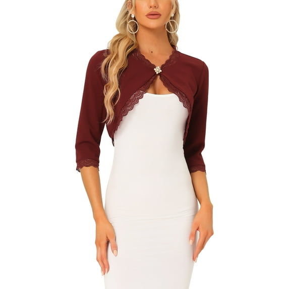 INSPIRE CHIC Women's Elegant 3/4 Sleeve Cropped Shrugs Vintage Lace Trim Bolero Cardigan XL Burgundy