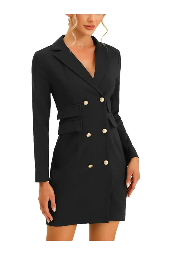 Women's Blazer Dress Elegant Long Sleeve Wear-to-Work Dress with Pockets M Black