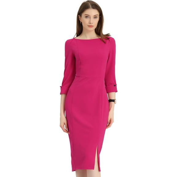 INSPIRE CHIC Women's Sheath Dress Boat Neck 3/4 Sleeves Split Hem Wear-to-Work Midi Dresses L Fushcia