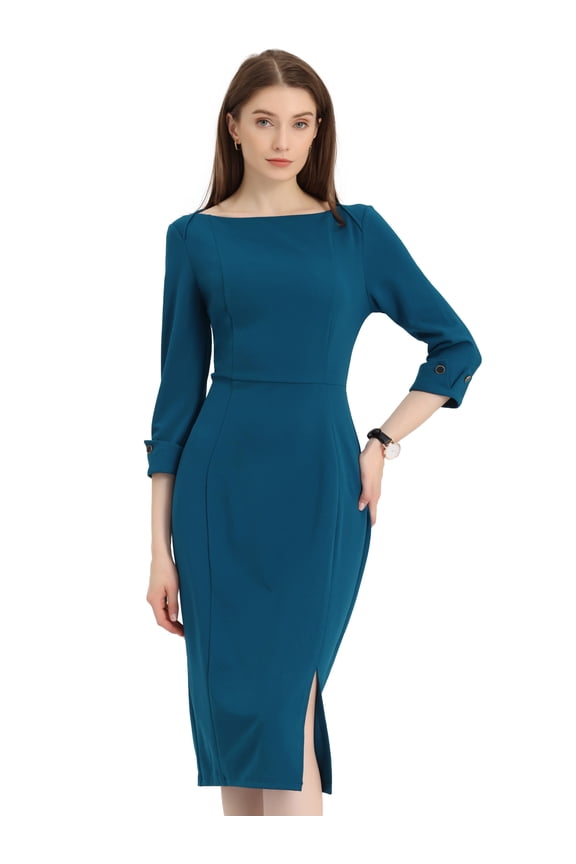 Women's Sheath Dress Boat Neck 3/4 Sleeves Split Hem Wear-to-Work Midi Dresses Lake Blue L