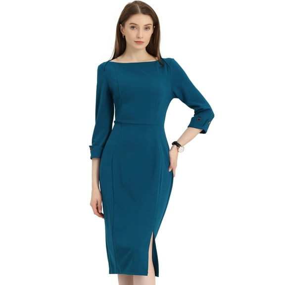 INSPIRE CHIC Women's Sheath Dress Boat Neck 3/4 Sleeves Split Hem Wear-to-Work Midi Dresses M Lake Blue