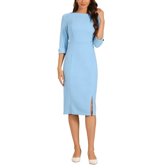INSPIRE CHIC Women's Sheath Dress Boat Neck 3/4 Sleeves Split Hem Wear-to-Work Midi Dresses M Sky Blue