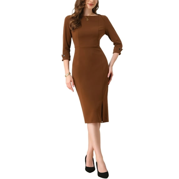 INSPIRE CHIC Women's Sheath Dress Boat Neck 3/4 Sleeves Split Hem Wear-to-Work Midi Dresses S Dark Brown