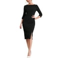 thumbnail image 1 of INSPIRE CHIC Women's Sheath Dress Boat Neck 3/4 Sleeves Split Hem Wear-to-Work Midi Dresses XS Black, 1 of 7