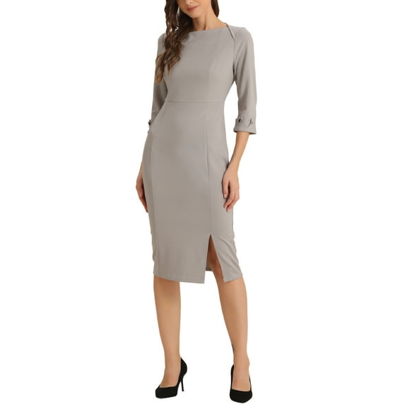 INSPIRE CHIC Women's Sheath Dress Boat Neck 3/4 Sleeves Split Hem Wear-to-Work Midi Dresses XS Grey