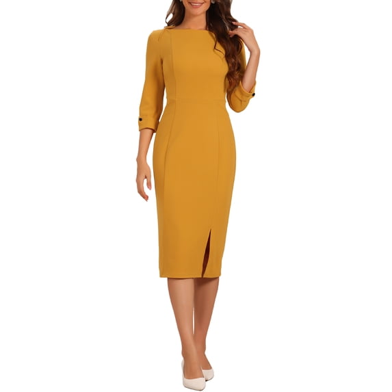 INSPIRE CHIC Women's Sheath Dress Boat Neck 3/4 Sleeves Split Hem Wear-to-Work Midi Dresses XS Yellow