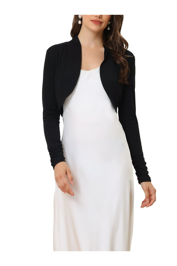 Women's Elegant Bolero Shrug Top Ruched Long Sleeve Open Front Cropped Cardigan S Black