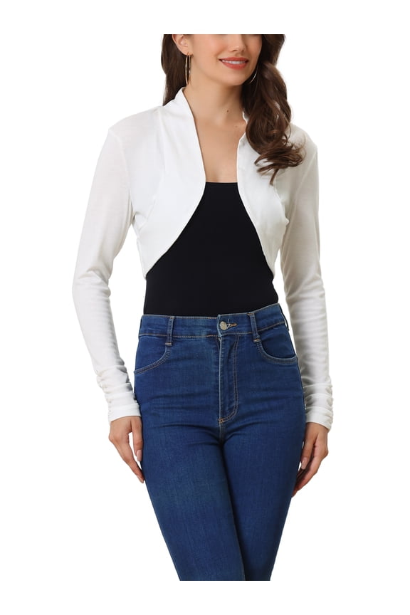 Women's Elegant Bolero Shrug Top Ruched Long Sleeve Open Front Cropped Cardigan XL White