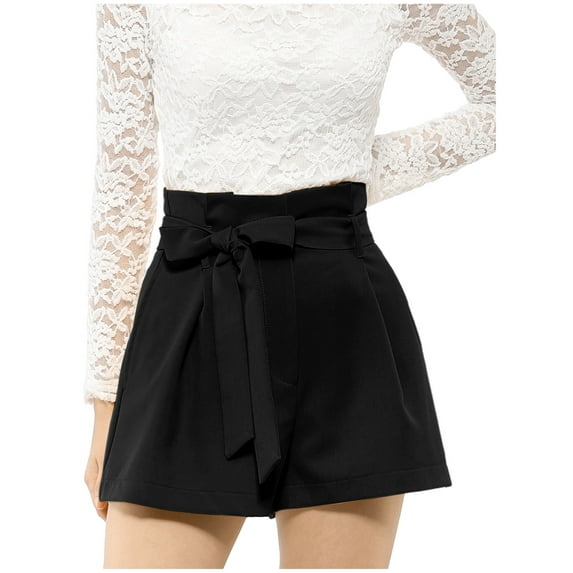 INSPIRE CHIC Women's Elegant Bow Self-Tie Belt High Paper Bag Waist Pleated Shorts S Black