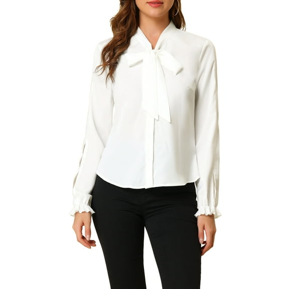 INSPIRE CHIC Women's Elegant Bow Tie Neck Blouse Long Sleeve Work Chiffon Shirt XL White