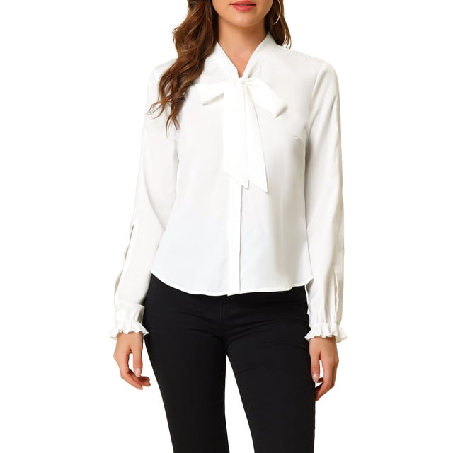 ESLA Printed Bow Tie Neck Long Sleeve Blouse