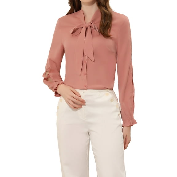 INSPIRE CHIC Women's Elegant Bow Tie Neck Blouse Long Sleeve Work Chiffon Shirt M Dusty Pink
