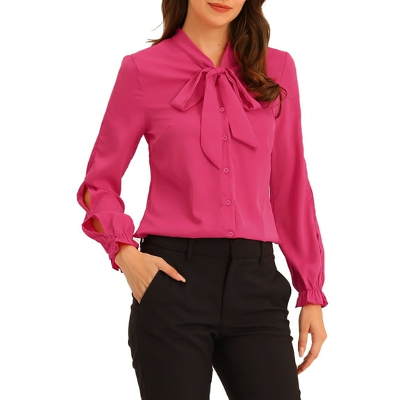 INSPIRE CHIC Women's Elegant Bow Tie Neck Blouse Long Sleeve Work Chiffon Shirt S Hot Pink