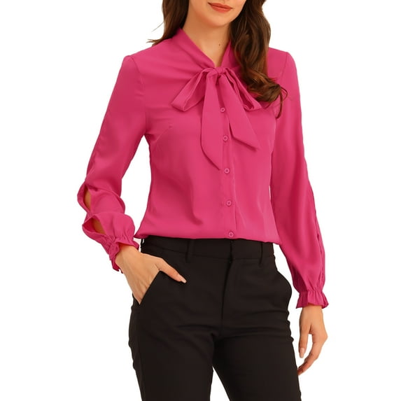 INSPIRE CHIC Women's Elegant Bow Tie Neck Blouse Long Sleeve Work Chiffon Shirt S Hot Pink