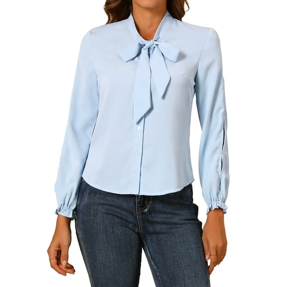 INSPIRE CHIC Women's Elegant Bow Tie Neck Blouse Long Sleeve Work Chiffon Shirt S Light Blue