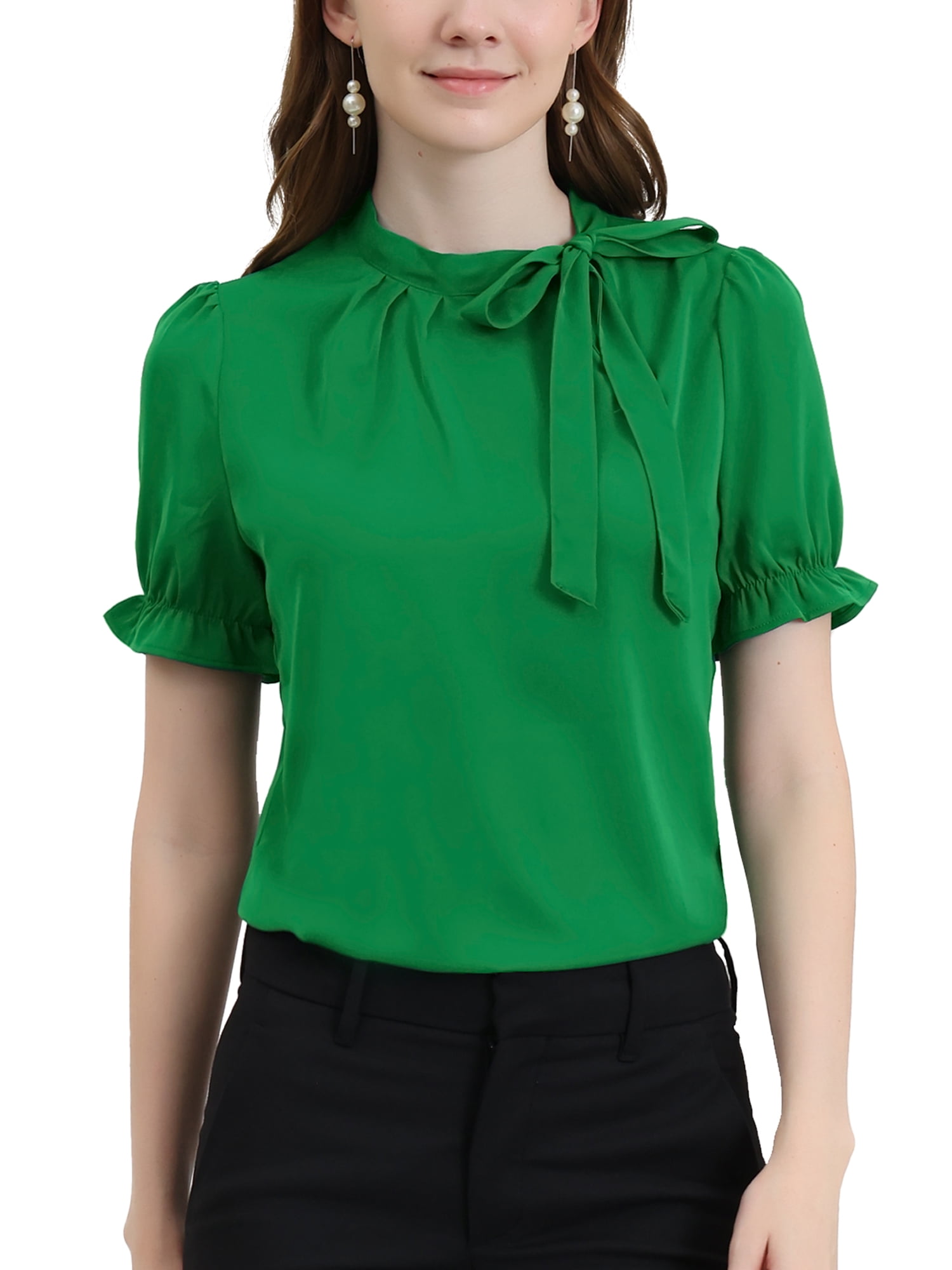 Allegra K Women's Elegant Bow Tie Neck Short Sleeve Office Work Blouse
