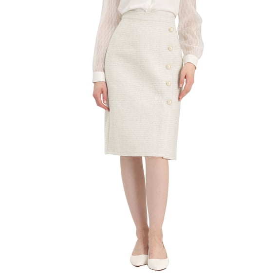 INSPIRE CHIC Women's Elegant Button Front Asymmetrical Slit Hem Plaid Tweed Midi Skirt White S
