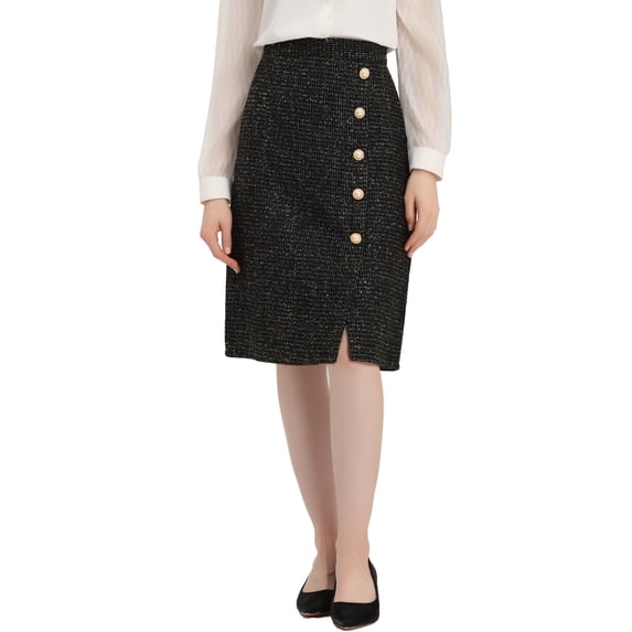 INSPIRE CHIC Women's Elegant Button Front Asymmetrical Slit Hem Plaid Tweed Midi Skirt Black XS