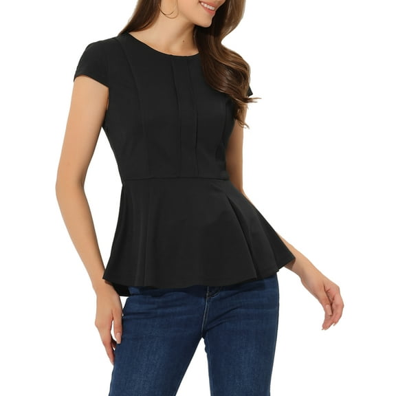 INSPIRE CHIC Women's Peplum Tops Cap Sleeve Round Neck Solid Color Blouses L Black
