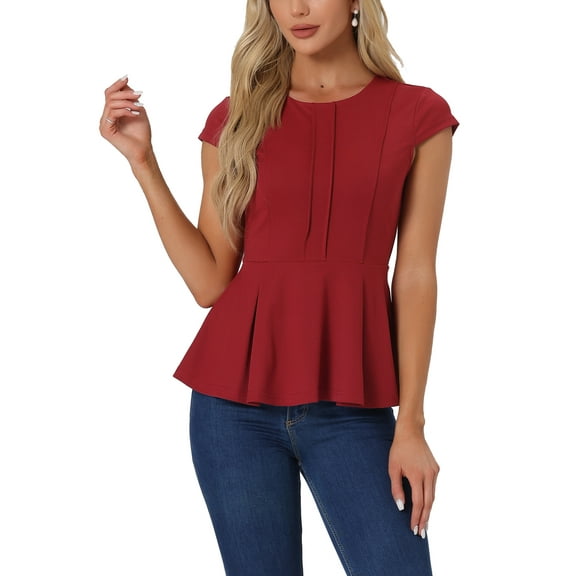INSPIRE CHIC Women's Peplum Tops Cap Sleeve Round Neck Solid Color Blouses L Dark Red