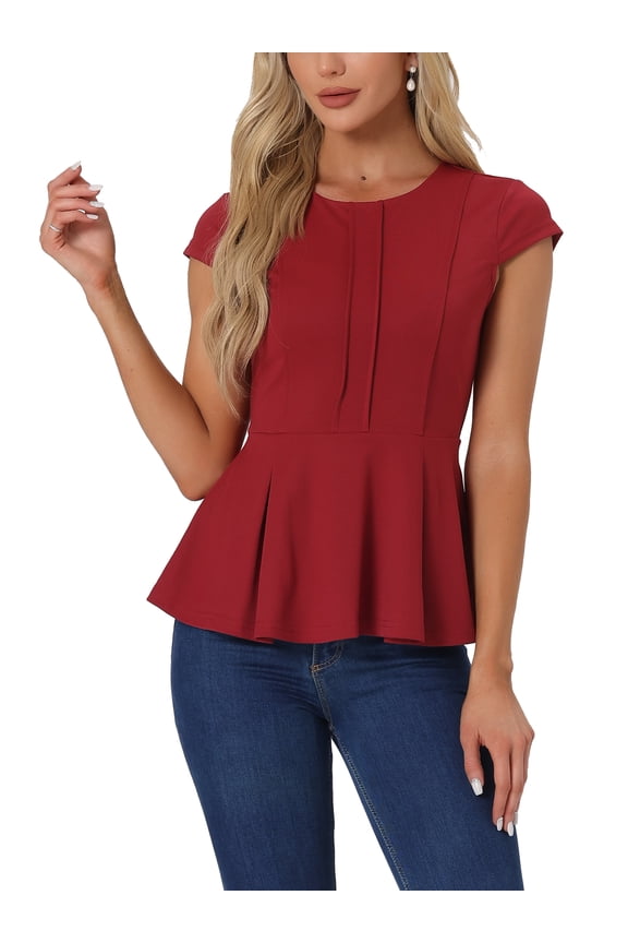 Women's Peplum Tops Cap Sleeve Round Neck Solid Color Blouses L Dark Red