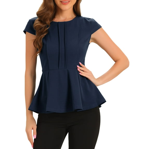 INSPIRE CHIC Women's Peplum Tops Cap Sleeve Round Neck Solid Color Blouses S Dark Blue