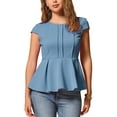 thumbnail image 1 of INSPIRE CHIC Women's Peplum Tops Cap Sleeve Round Neck Solid Color Blouses S Gray Blue, 1 of 6