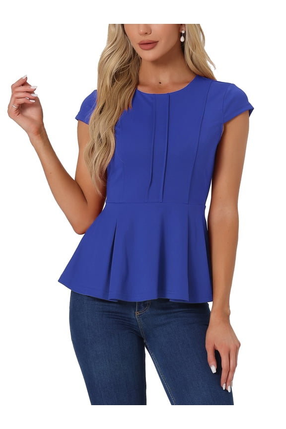Women's Peplum Tops Cap Sleeve Round Neck Solid Color Blouses XL Royal Blue