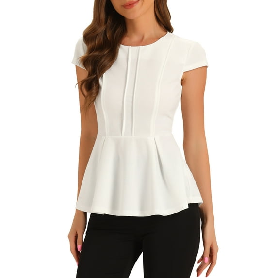 INSPIRE CHIC Women's Peplum Tops Cap Sleeve Round Neck Solid Color Blouses XL White