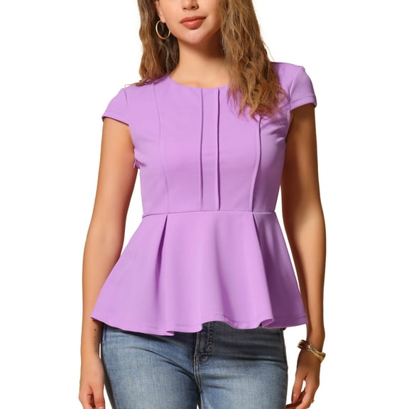 INSPIRE CHIC Women's Peplum Tops Cap Sleeve Round Neck Solid Color Blouses XS Light Purple