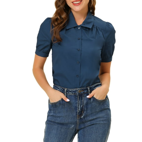 INSPIRE CHIC Women's Elegant Cotton Puff Short Sleeve Button Front Shirt Top