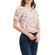 Allegra K Women's Elegant Crew Neck Shirred Sleeve Keyhole Back Floral Blouse Beige Pink S