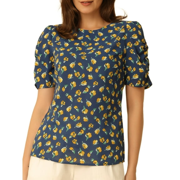 INSPIRE CHIC Women's Shirred Tops Crew Neck Short Sleeve Keyhole Back Floral Blouse L Deep Blue