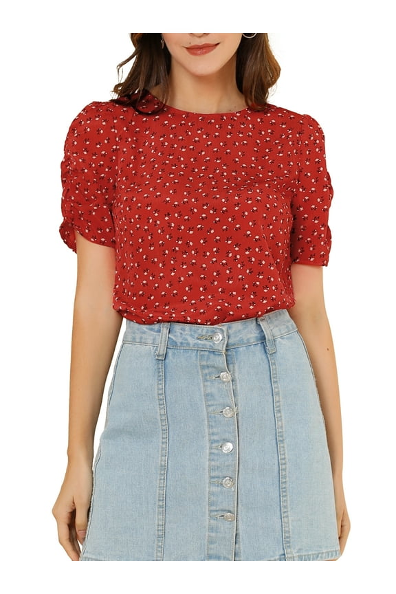 Women's Shirred Tops Crew Neck Short Sleeve Keyhole Back Floral Blouse L Red