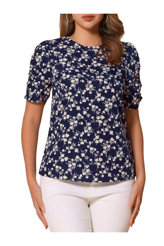 Women's Shirred Tops Crew Neck Short Sleeve Floral Shirt Blouse Dark Blue White M
