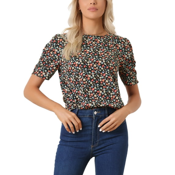 INSPIRE CHIC Women's Shirred Tops Crew Neck Short Sleeve Keyhole Back Floral Blouse S Black Red