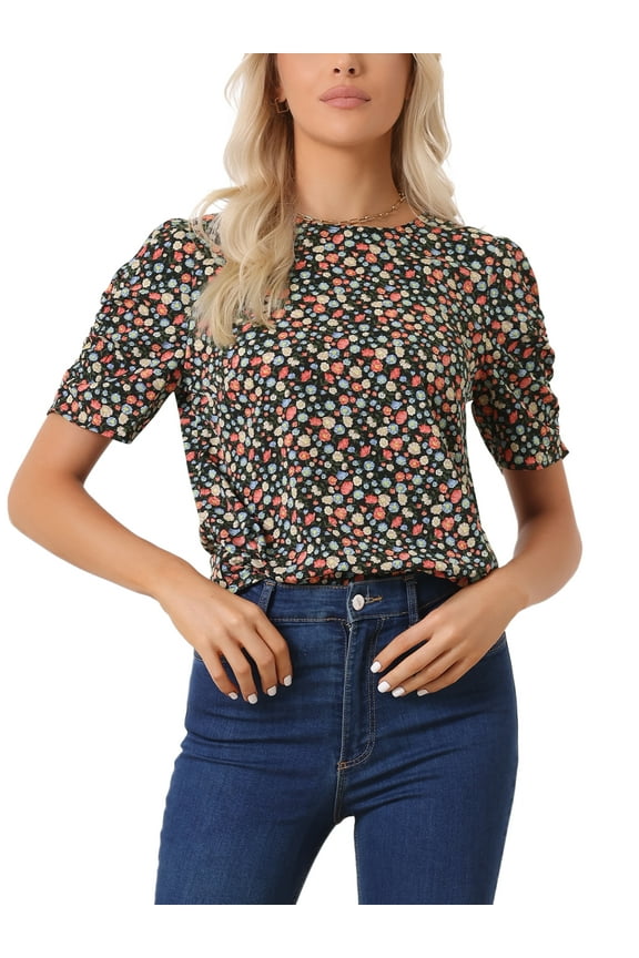 Women's Shirred Tops Crew Neck Short Sleeve Keyhole Back Floral Blouse S Black Red