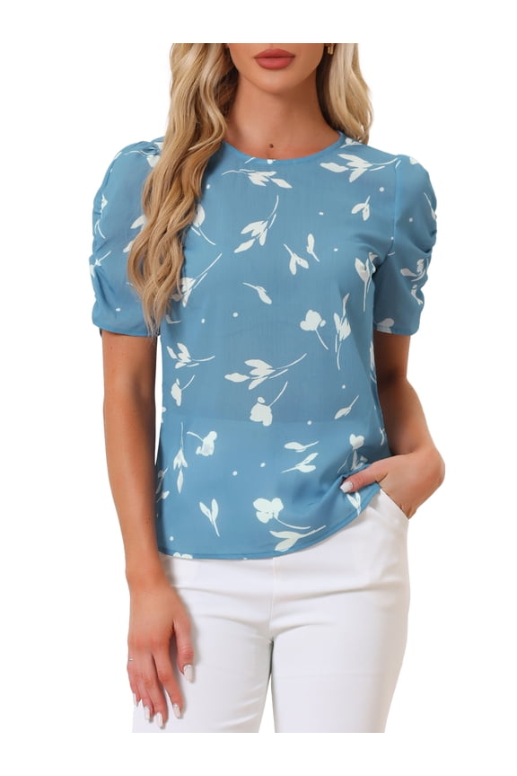 Women's Shirred Tops Crew Neck Short Sleeve Keyhole Back Floral Blouse S Blue Floral