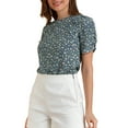 thumbnail image 1 of INSPIRE CHIC Women's Shirred Tops Crew Neck Short Sleeve Keyhole Back Floral Blouse S Blue, 1 of 8