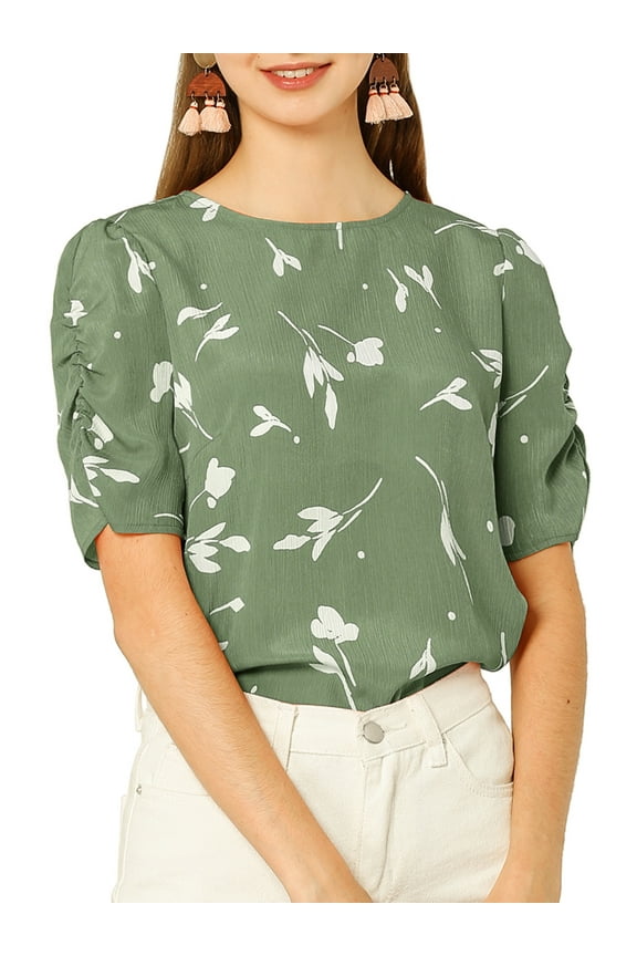 Women's Shirred Tops Crew Neck Short Sleeve Keyhole Back Floral Blouse S Green