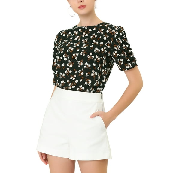 INSPIRE CHIC Women's Shirred Tops Crew Neck Short Sleeve Keyhole Back Floral Blouse XL Black
