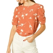 Allegra K Women's Elegant Crew Neck Shirred Sleeve Keyhole Back Floral Blouse