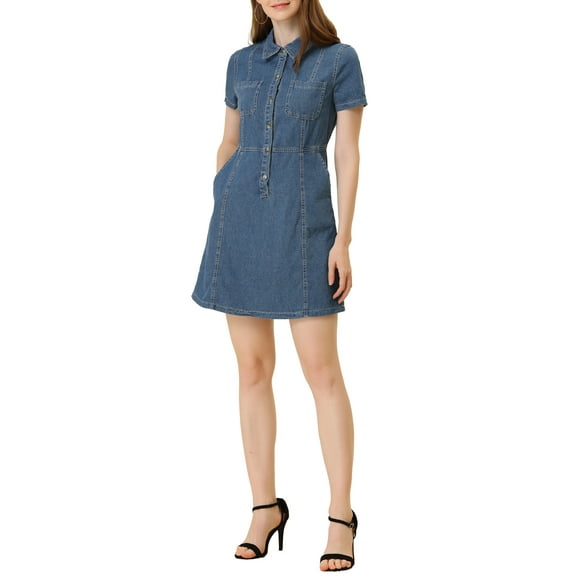 INSPIRE CHIC Women's Elegant Denim Collared Short Sleeve Summer Dress Light Blue S