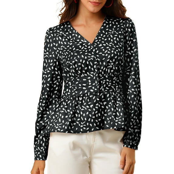 INSPIRE CHIC Women's Elegant Dots V Neck Smocked Ruffled Hem Peplum Top M Black