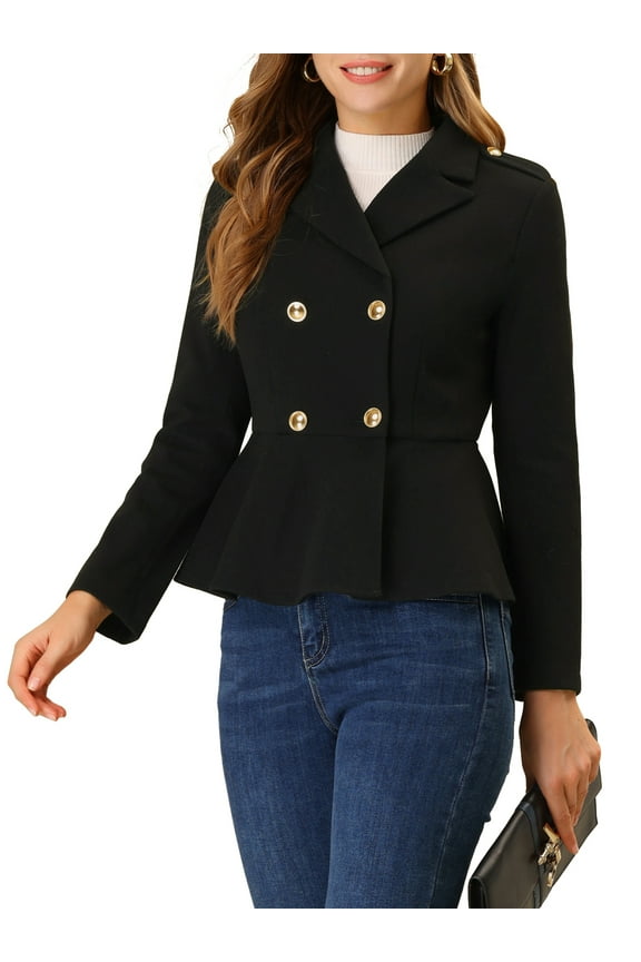 Women's Elegant Double Breasted Notched Lapel Long Sleeve Peplum Blazer