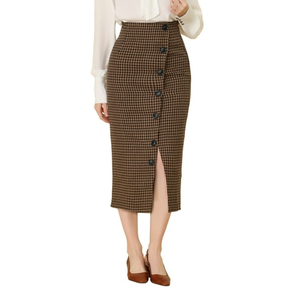 INSPIRE CHIC Women's Elegant Elastic Waist Button Decor Front Houndstooth Skirt Brown XS