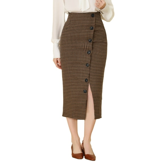 INSPIRE CHIC Women's Elegant Elastic Waist Button Decor Front Houndstooth Skirt Brown S